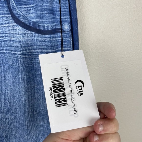 Zyia Distressed Denim Joggers Women's XS Blue Elastic Waist Stretch Faux Jeans - Picture 3 of 8